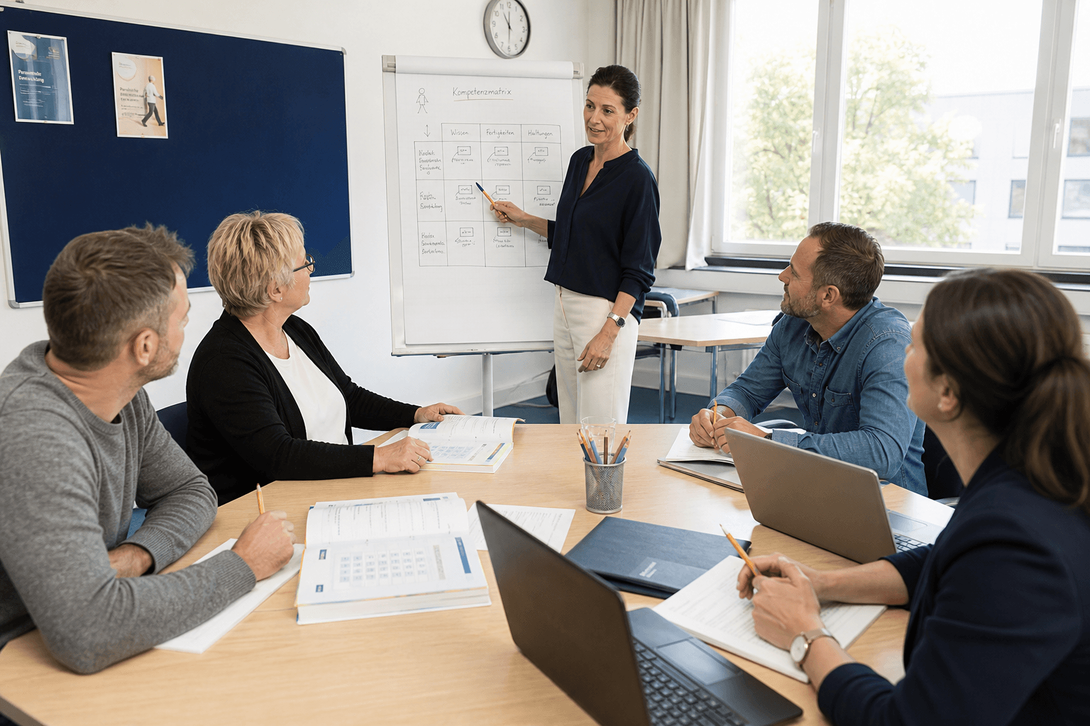 Seminar mit Lehrplanunterlagen und Erwachsenenbildung in einem Schweizer Schulungsraum